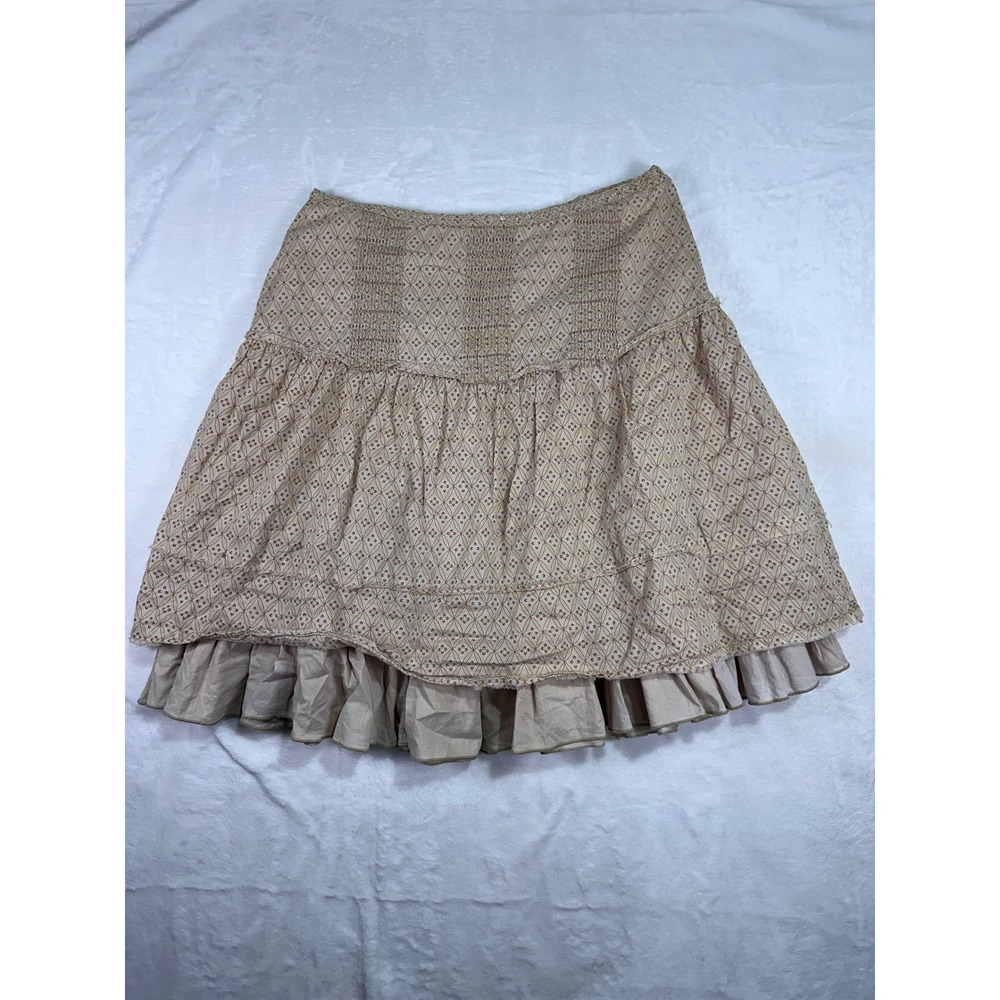 American Eagle Mini Skirt 2 Tan Boho Tiered Smocked Cotton Ruffle Womens